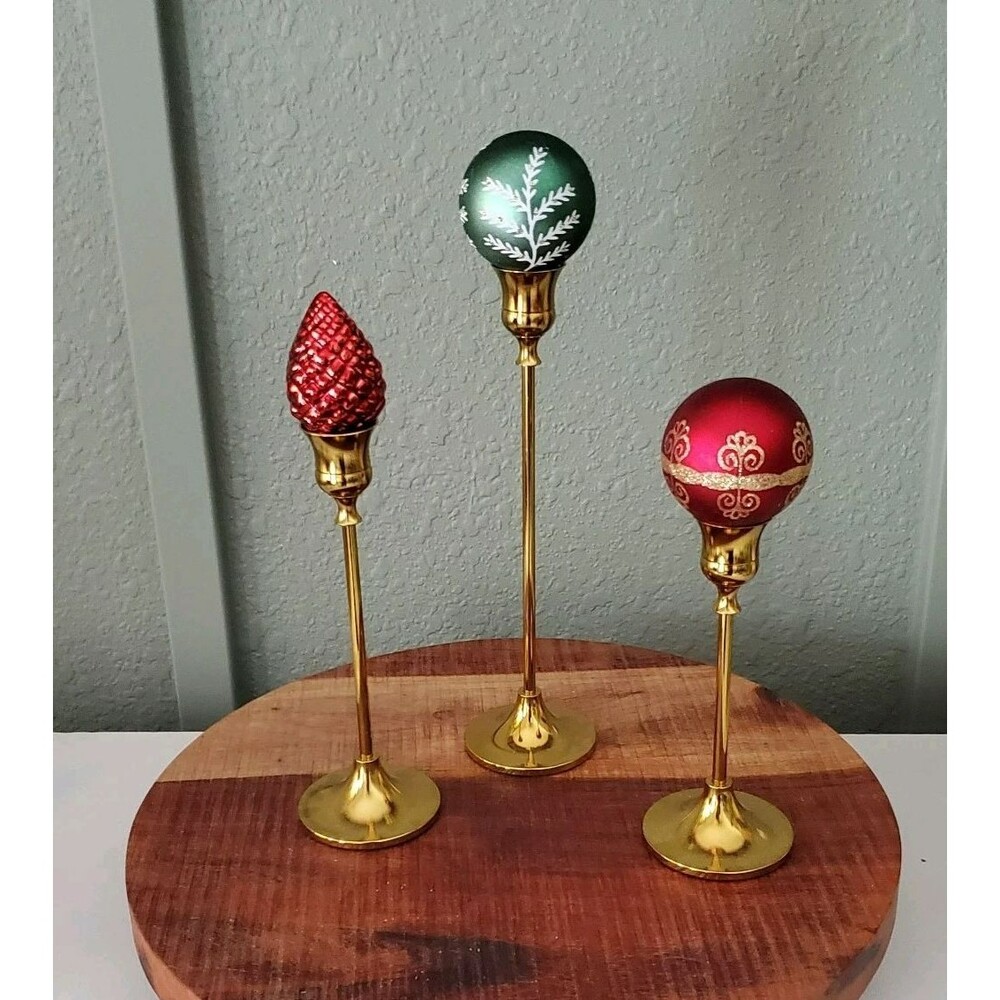 Gold Candlestick Holders Set of 3 w/ Christmas Balls Holiday Candle Holders
